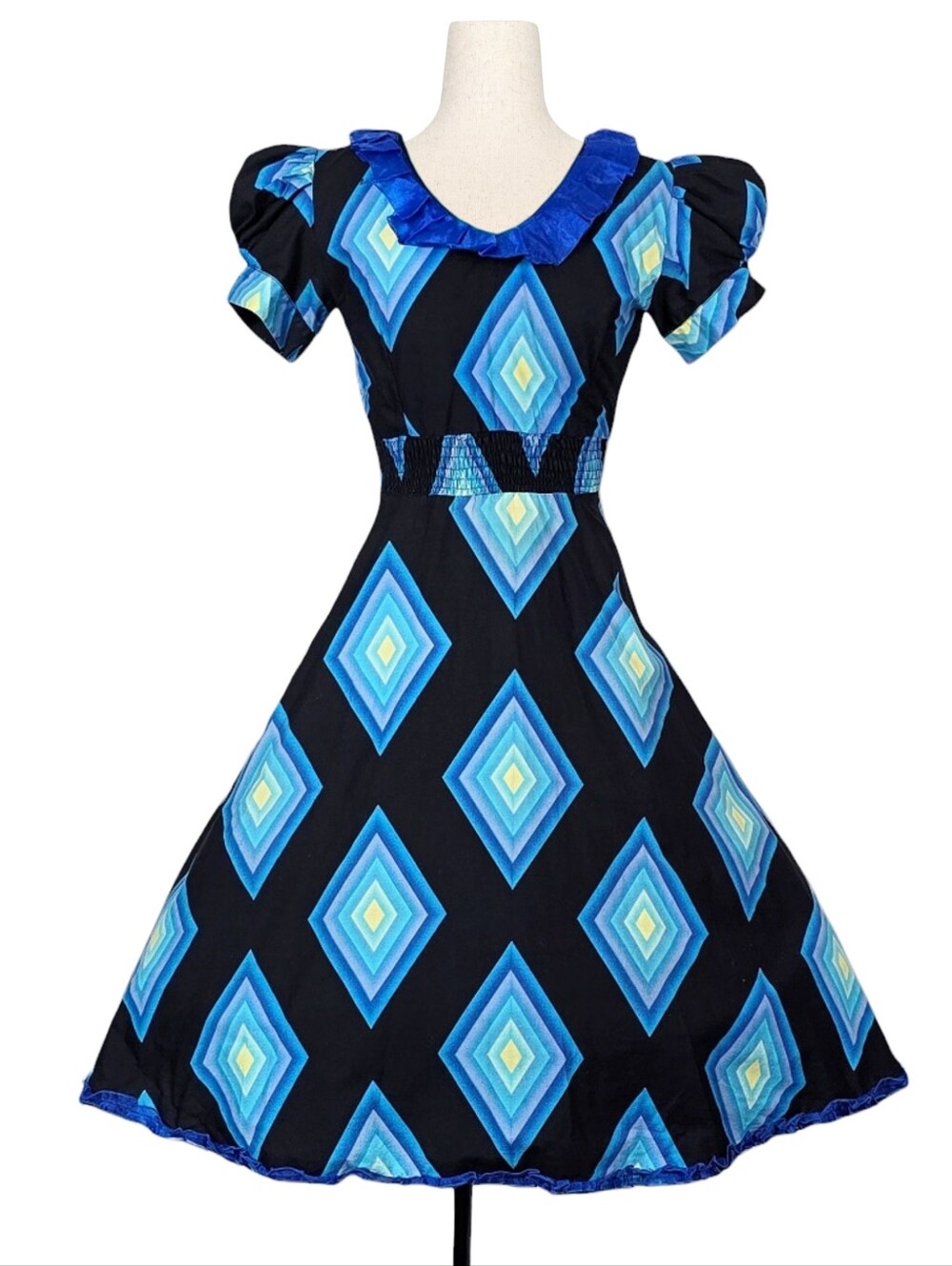 1980s Swing Dress 80s Vintage Midi Fit N Flare Diamond Print Blue Black XXS Vtg